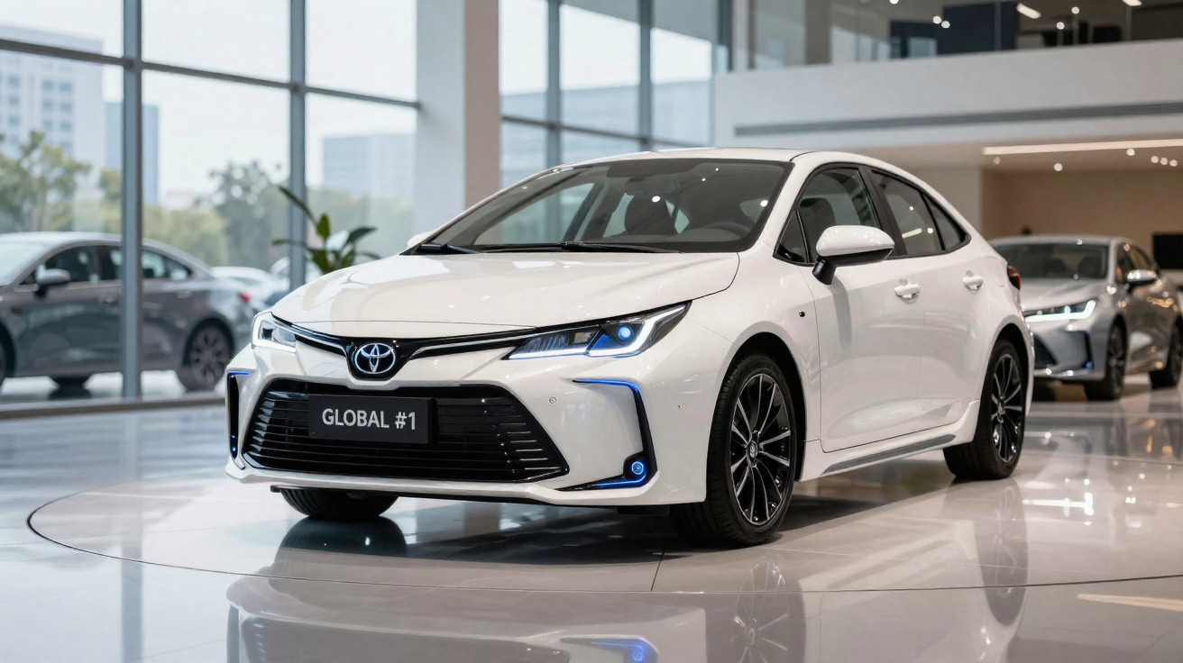 Carro branco Toyota Corolla em exposição dentro de concessionária moderna, visto de frente e lado esquerdo.
