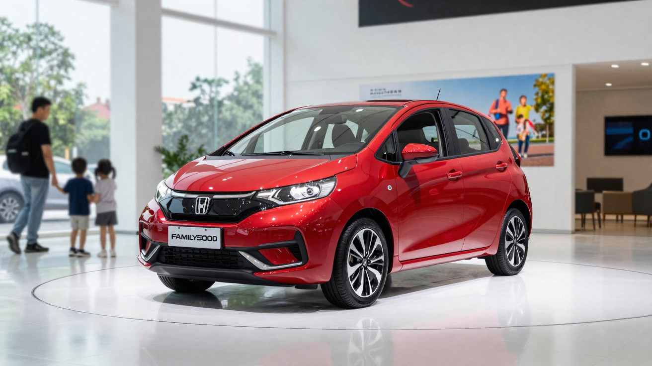Carro vermelho Honda Family 5000 exibido em salão com família ao fundo.