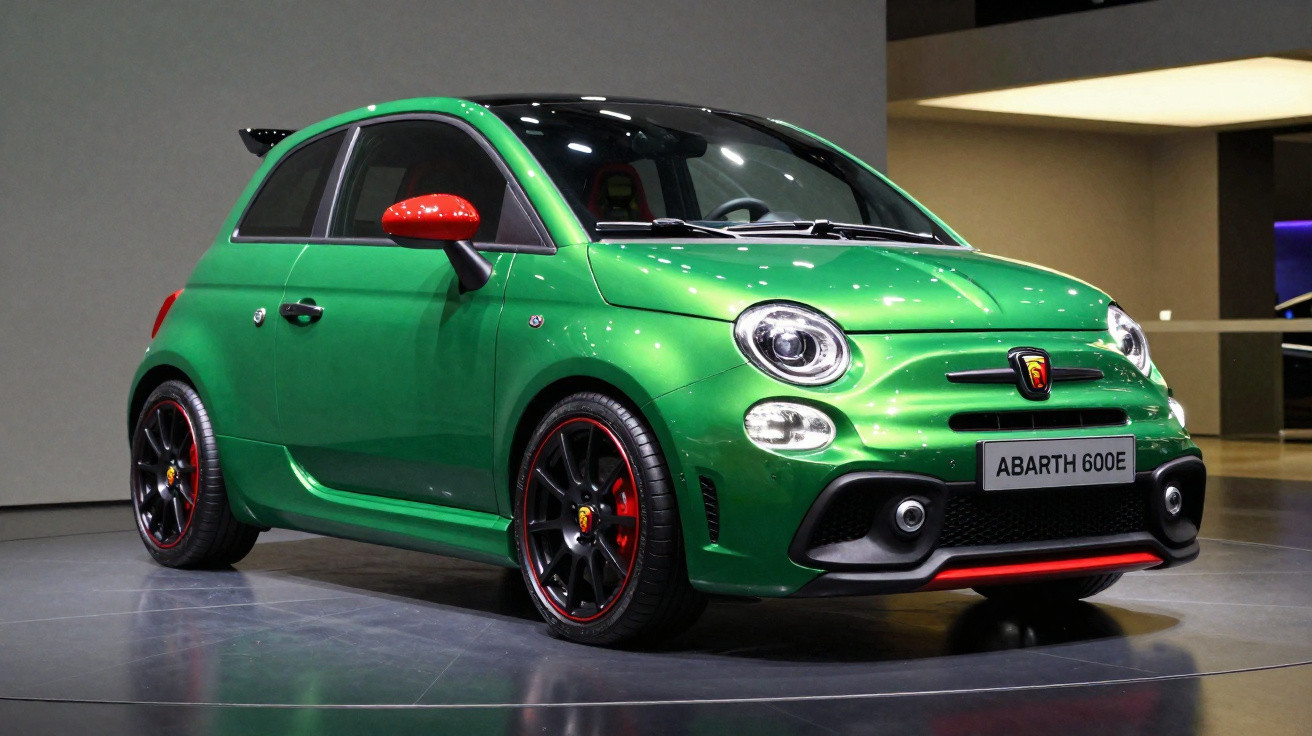Carro esportivo compacto verde com retrovisores vermelhos e rodas pretas exposto em showroom.