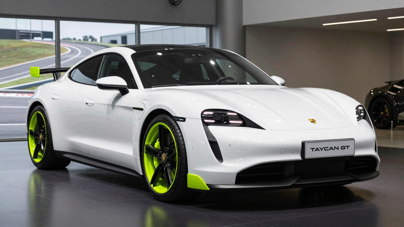 Carro esportivo branco Porsche Taycan GT com detalhes em verde neon em showroom moderno.