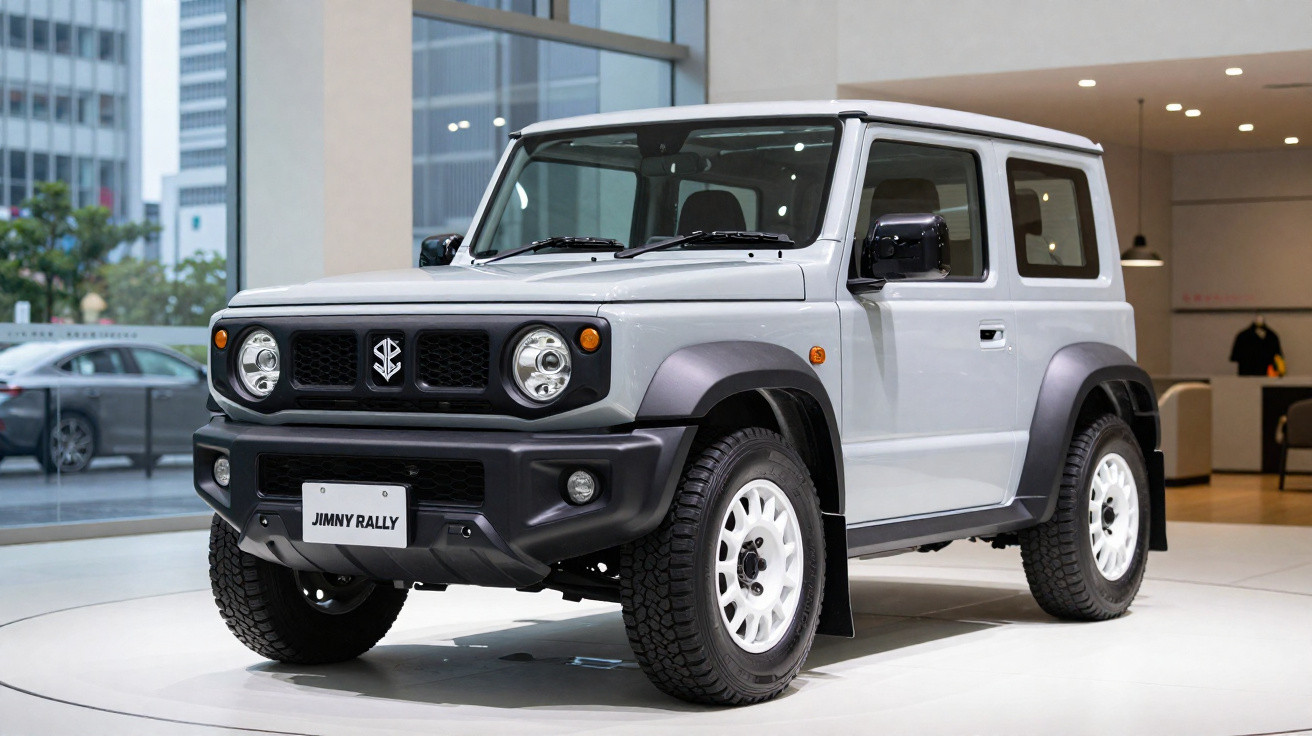Carro SUV compacto cinza Jimny Rally exibido em sala de exposição moderna.