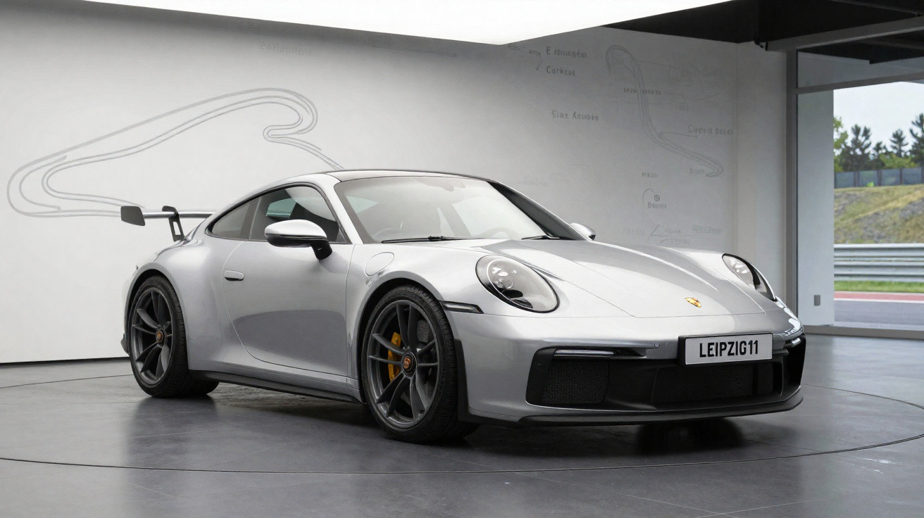 Carro esportivo Porsche prata estacionado em ambiente interno com parede branca e pista ao fundo.