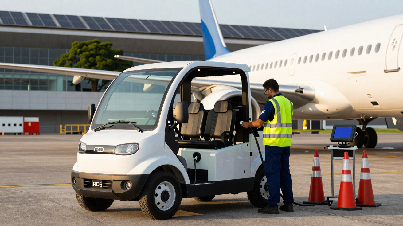 Veículo elétrico branco em pista de aeroporto, com homem usando colete refletivo e avião ao fundo.