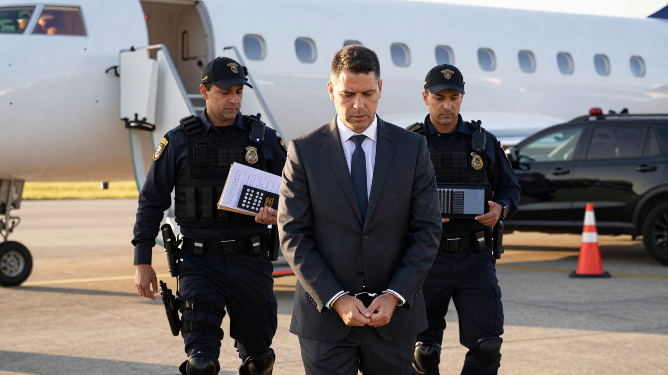 Homem algemado é escoltado por dois policiais em traje tático próximo a avião no aeroporto.