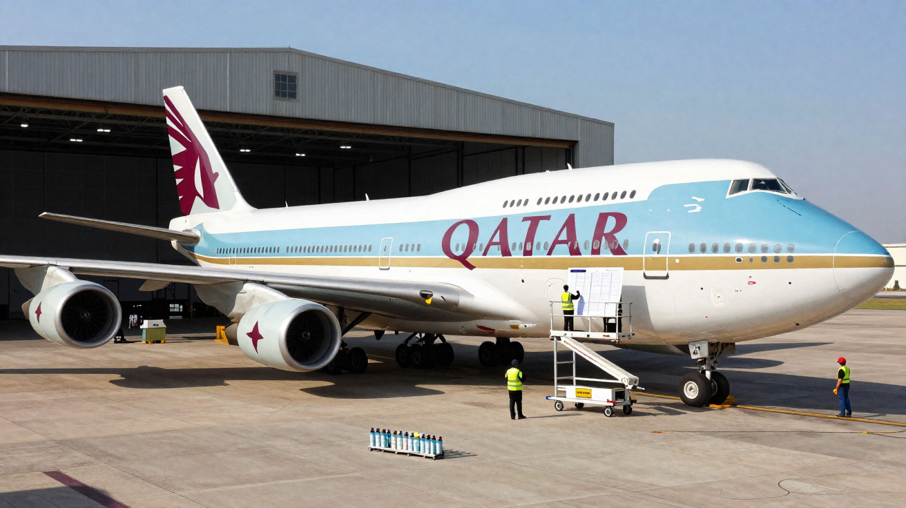 Avião da Qatar Airways estacionado no pátio com trabalhadores ao redor e hangar ao fundo.