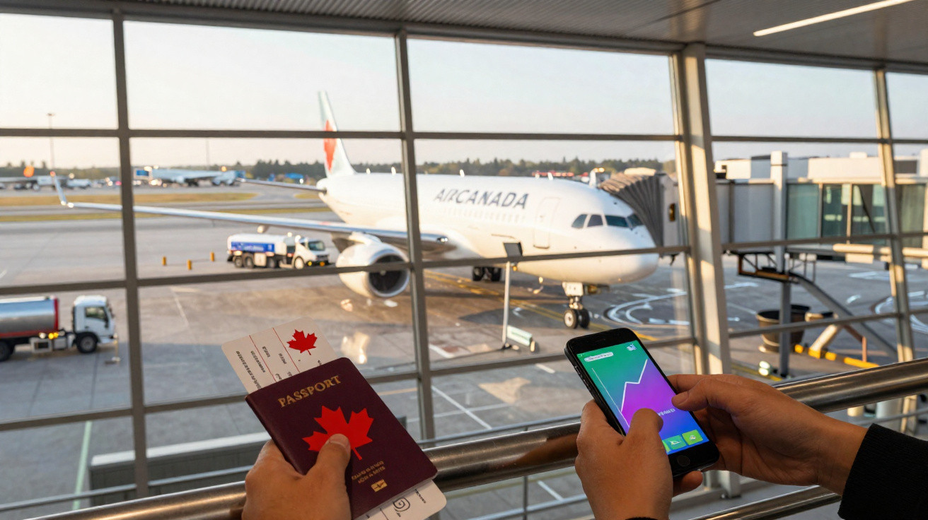 Pessoa segurando passaporte canadense com bilhete e celular em aeroporto com avião Air Canada ao fundo.