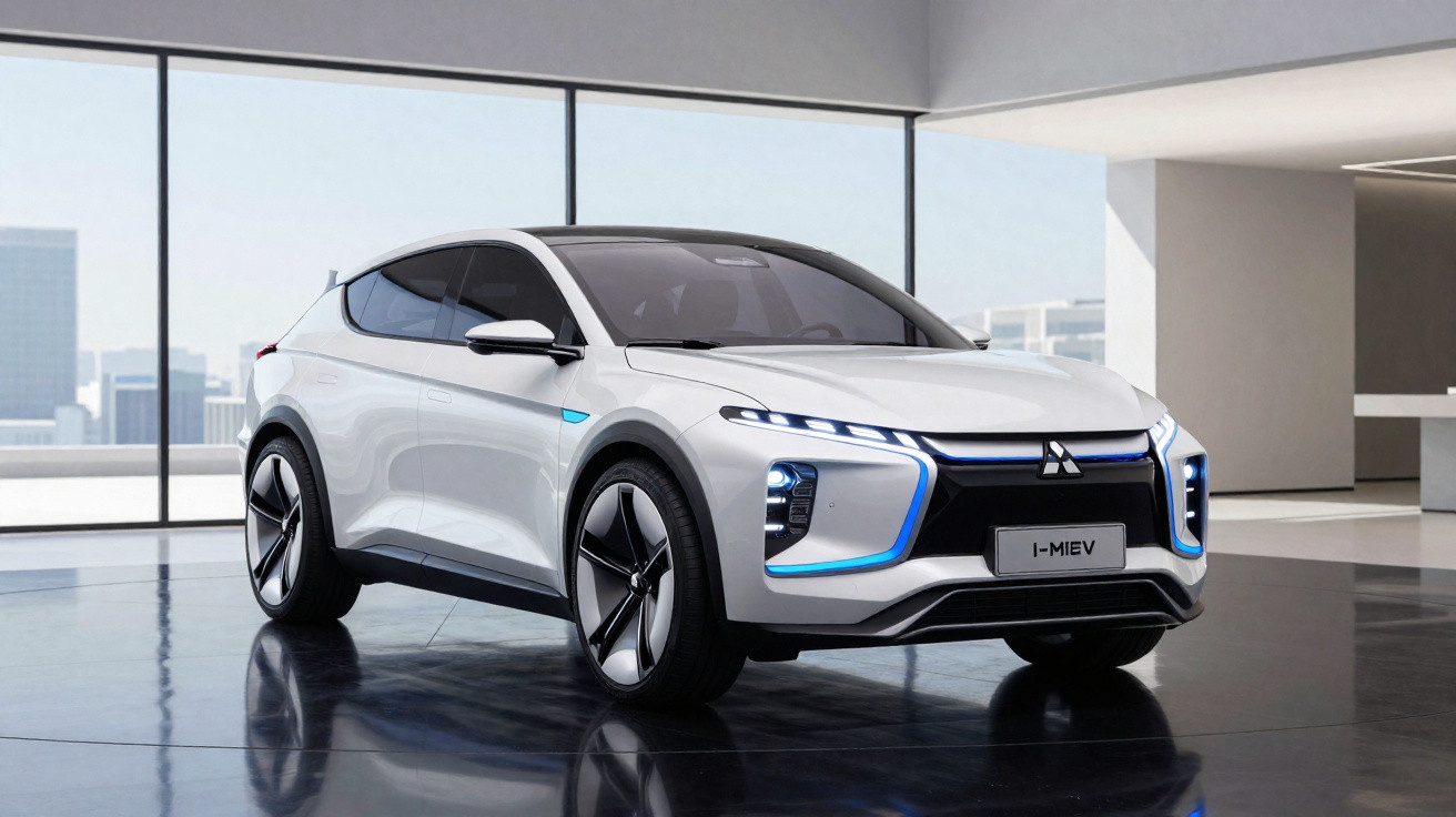Carro elétrico branco Mitsubishi I-MIEV em ambiente interno com arquitetura moderna ao fundo.