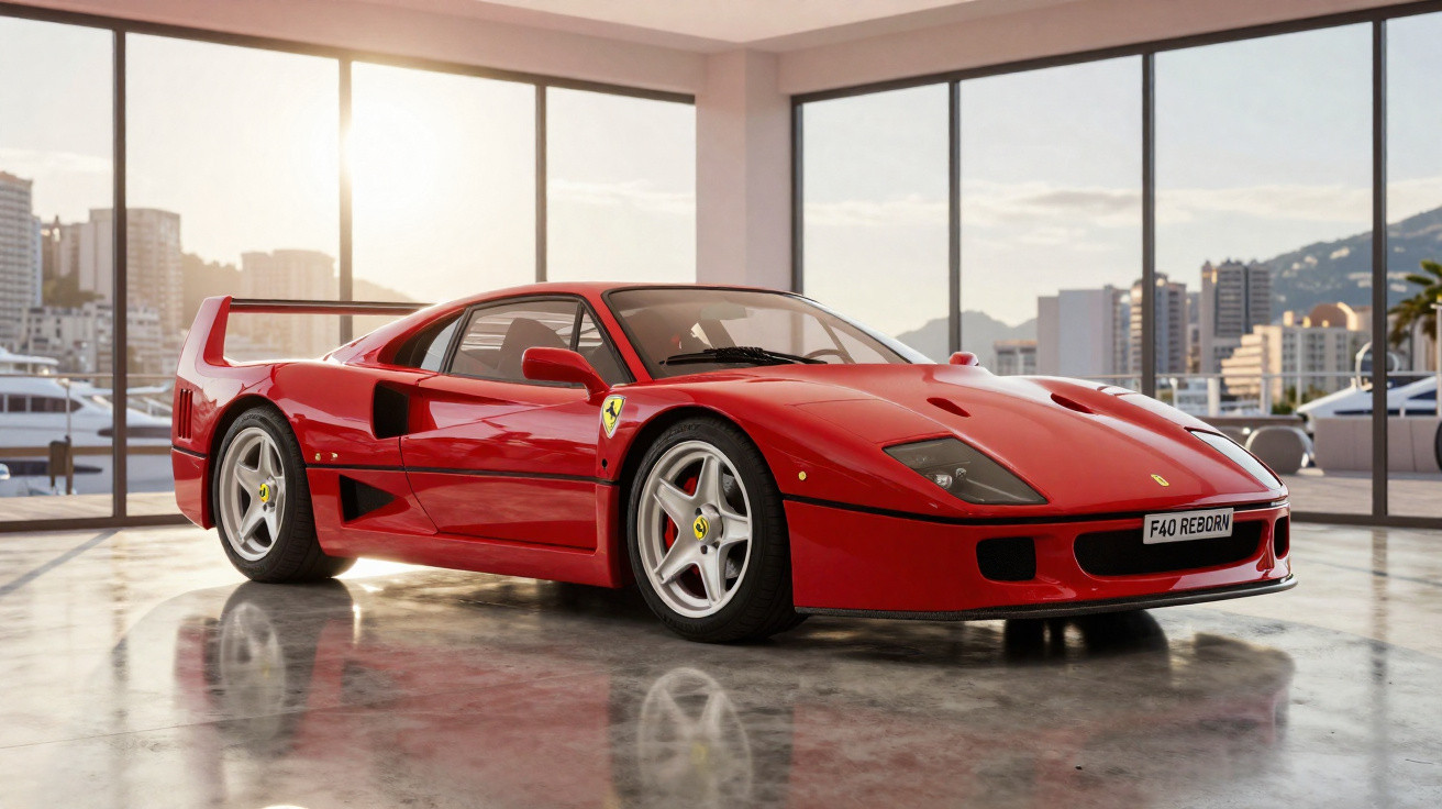 Carro esportivo Ferrari F40 vermelho em ambiente interno com janelas grandes e vista para cidade e marina.