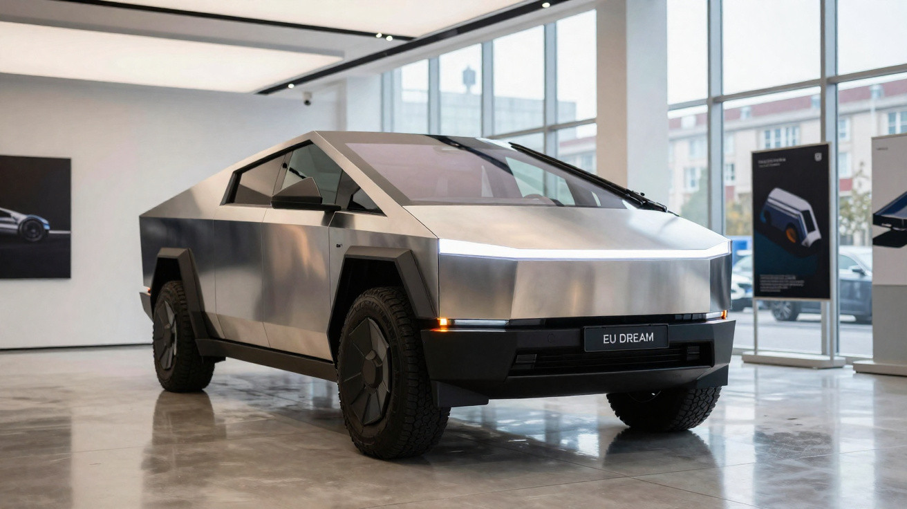 Carro elétrico futurista prateado exposto em ambiente interno com janelas grandes e iluminação moderna.
