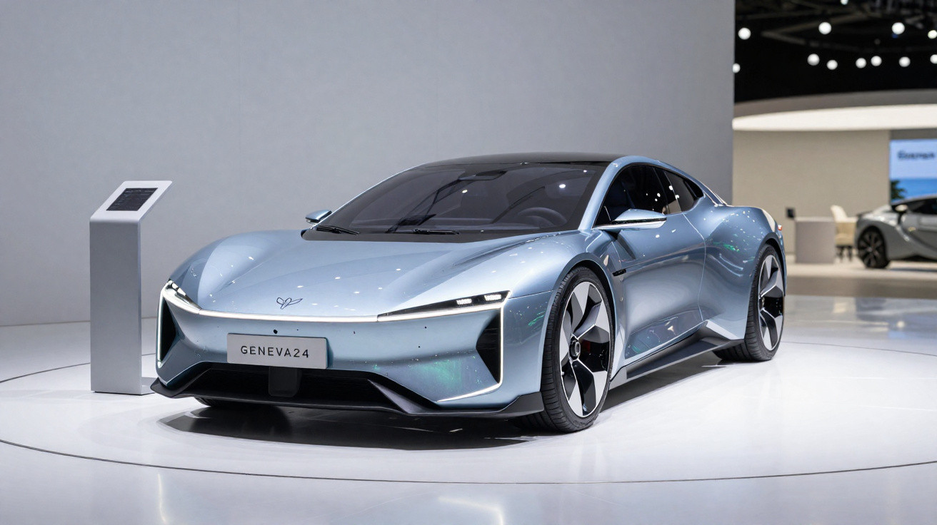 Carro esportivo elétrico prata em exposição no salão automotivo GENEVA24, com design futurista e aerodinâmico.