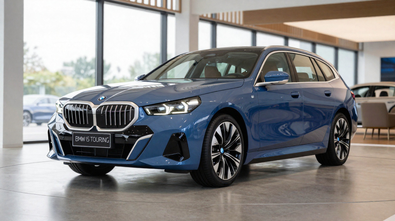 Carro BMW i5 Touring azul em exposição dentro de showroom moderno e bem iluminado.
