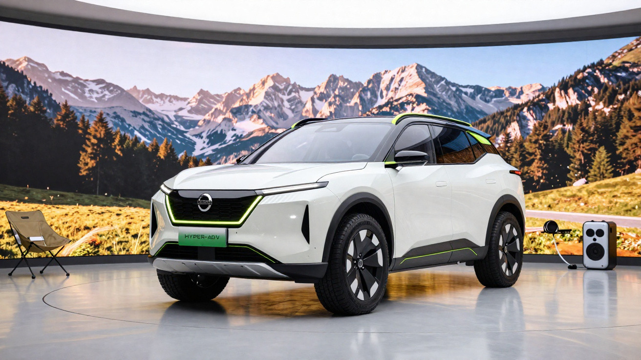 Carro elétrico SUV branco Nissan Hyper-ADV exposto em ambiente interno com paisagem de montanhas ao fundo.