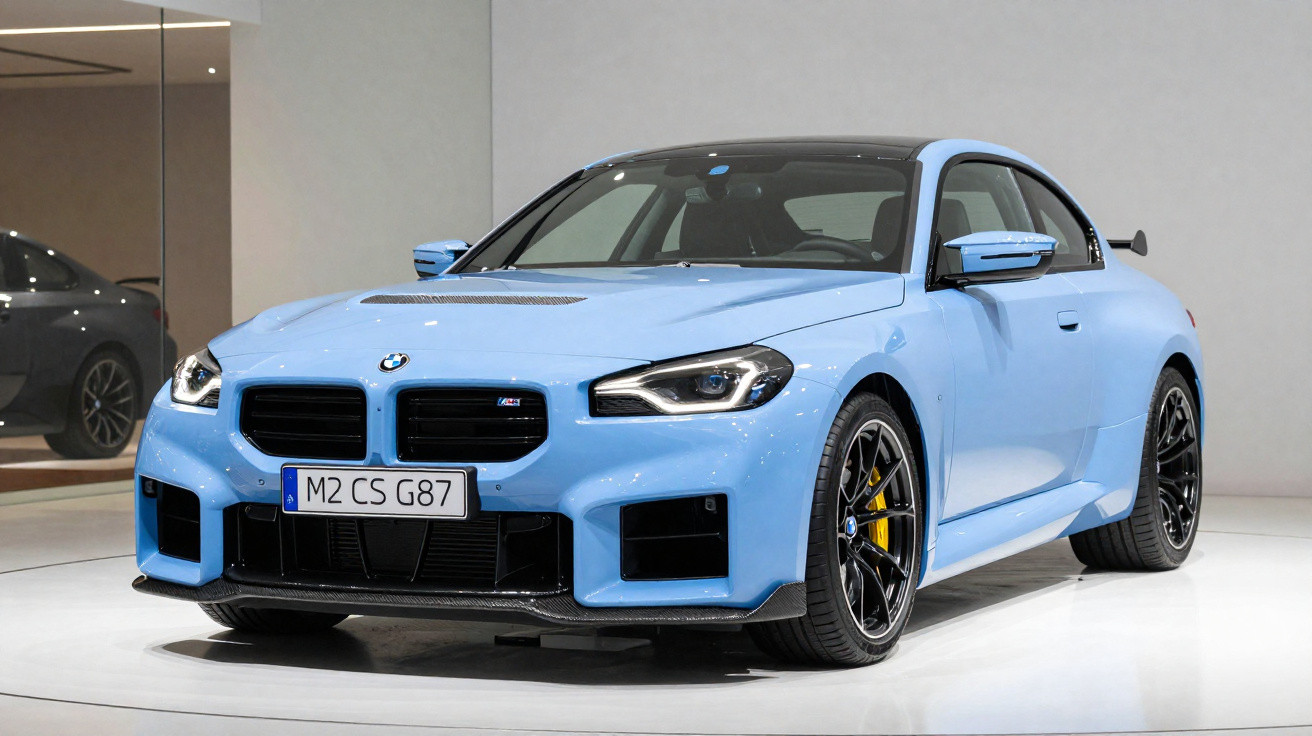 Carro esportivo BMW M2 CS azul claro com rodas pretas e pinças de freio amarelas em exposição interna.