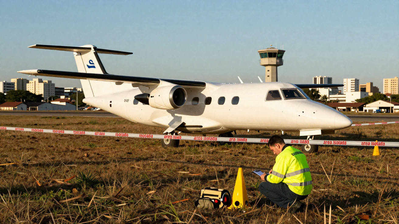 Avião branco estacionado próximo a isolamento, com homem de colete amarelo agachado e torre de controle ao fundo.