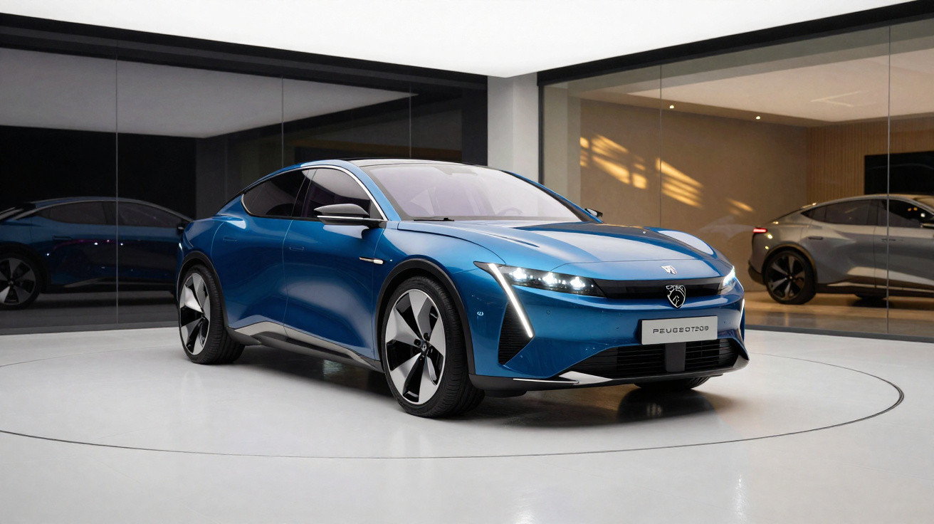 Carro elétrico Peugeot 9X8 azul em exposição moderna com iluminação natural e vidro reflexivo.