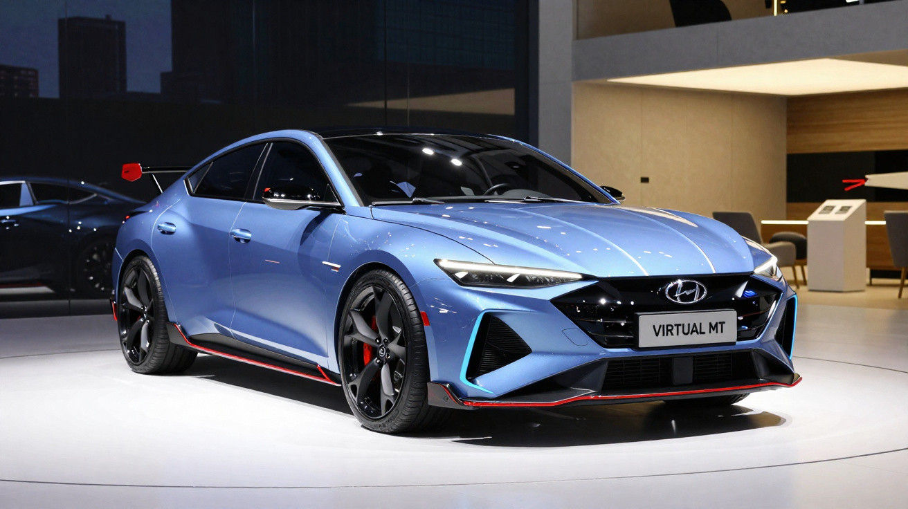 Carro esportivo azul metálico Hyundai em exposição com rodas pretas e detalhes vermelhos.