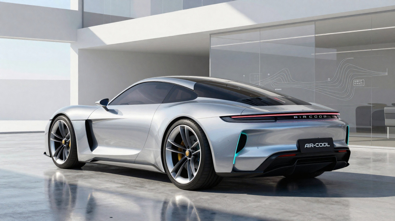 Carro esportivo prata com design aerodinâmico estacionado em garagem moderna e iluminada.