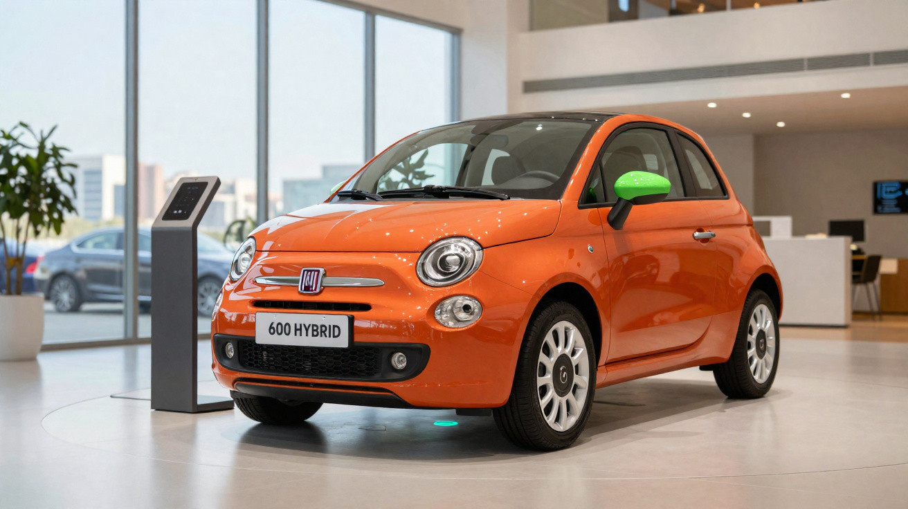Carro Fiat 600 Hybrid laranja com retrovisor verde exibido em showroom moderno com iluminação natural.