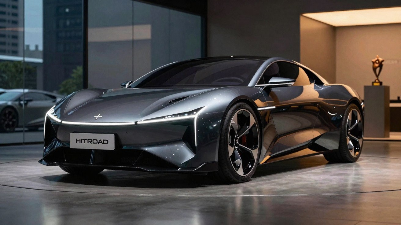 Carro esportivo elétrico cinza escuro, modelo Hitroad, exibido em showroom moderno e iluminado.