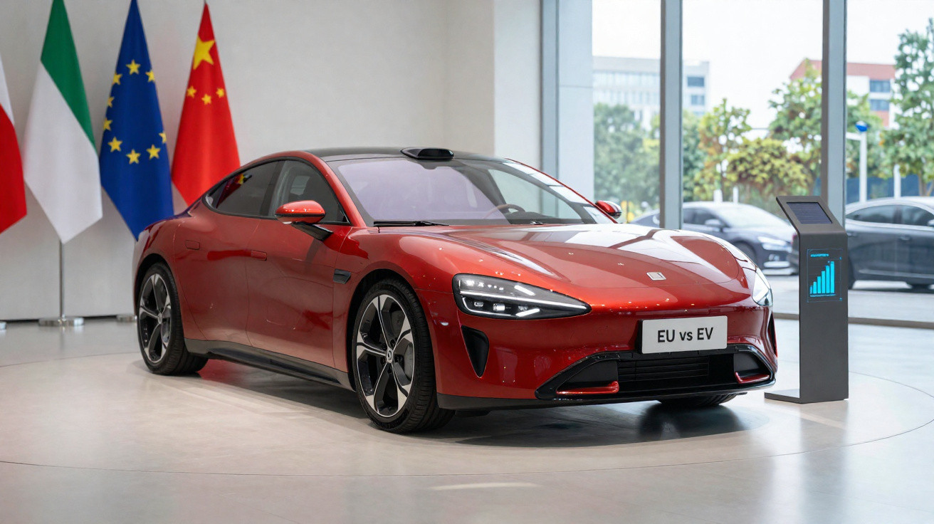 Carro esportivo elétrico vermelho exposto em showroom moderno com bandeiras da Itália, União Europeia e China ao fundo.