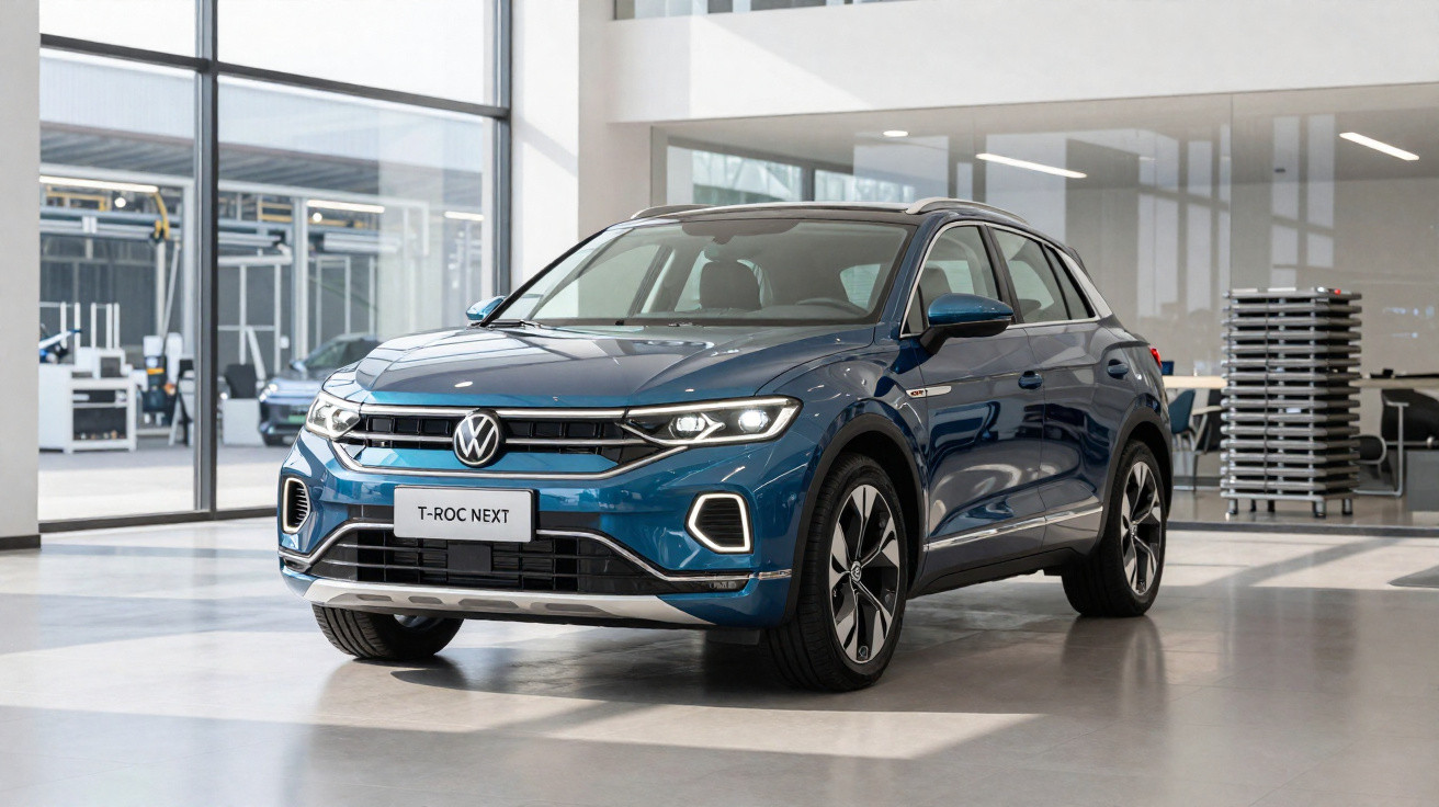 Carro Volkswagen T-Roc Next azul estacionado dentro de showroom moderno, vista frontal e lateral direita.