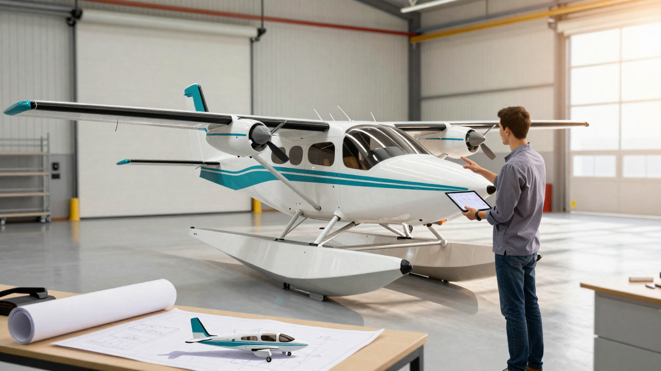 Homem inspecionando modelo de avião anfíbio em hangar com planta do projeto sobre mesa próxima.