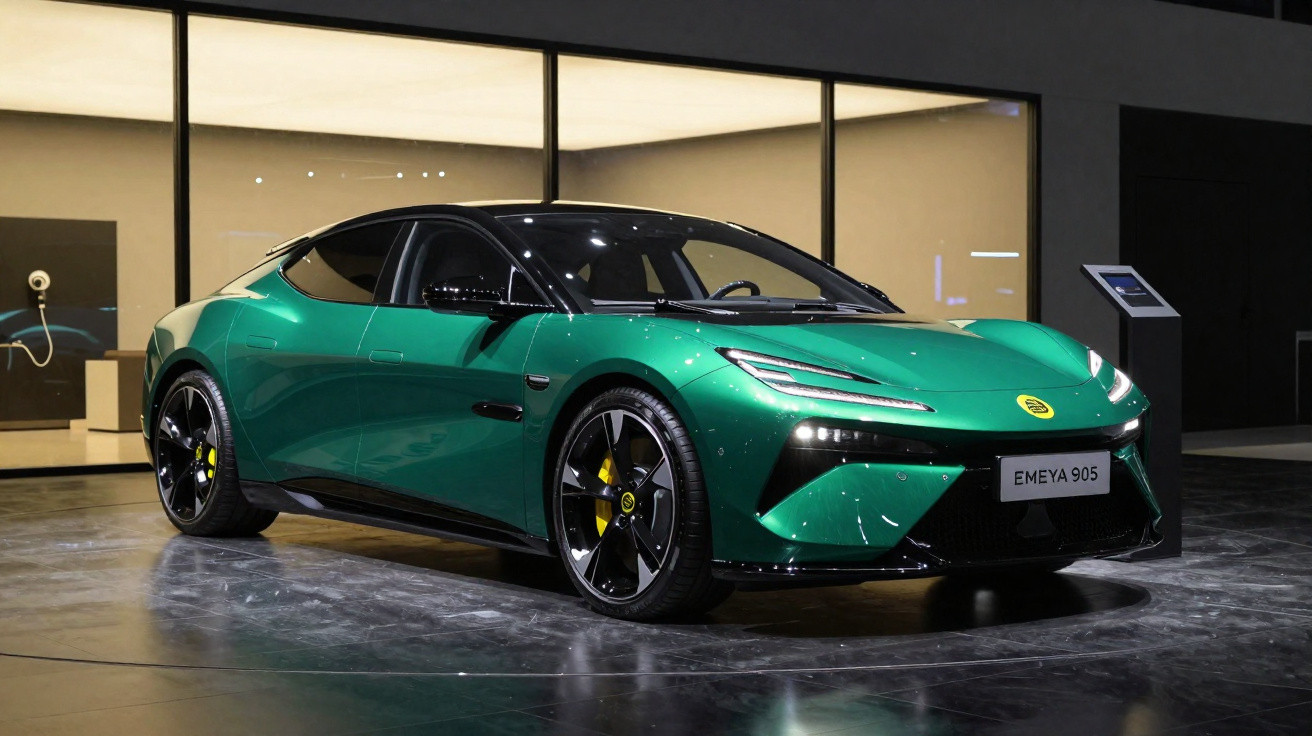 Carro esportivo elétrico verde com detalhes pretos e rodas pretas exposto em ambiente moderno e iluminado.
