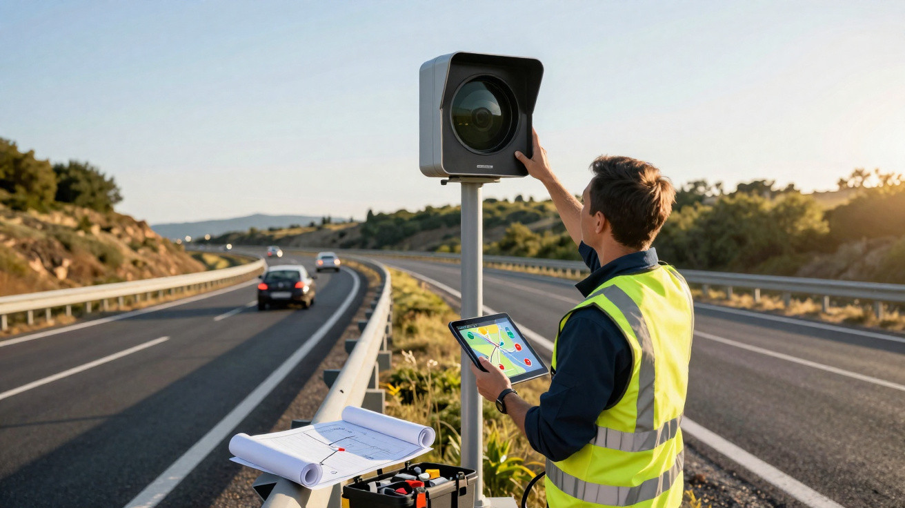 Homem com colete refletivo ajusta equipamento de radar em estrada enquanto segura tablet com mapa digital.
