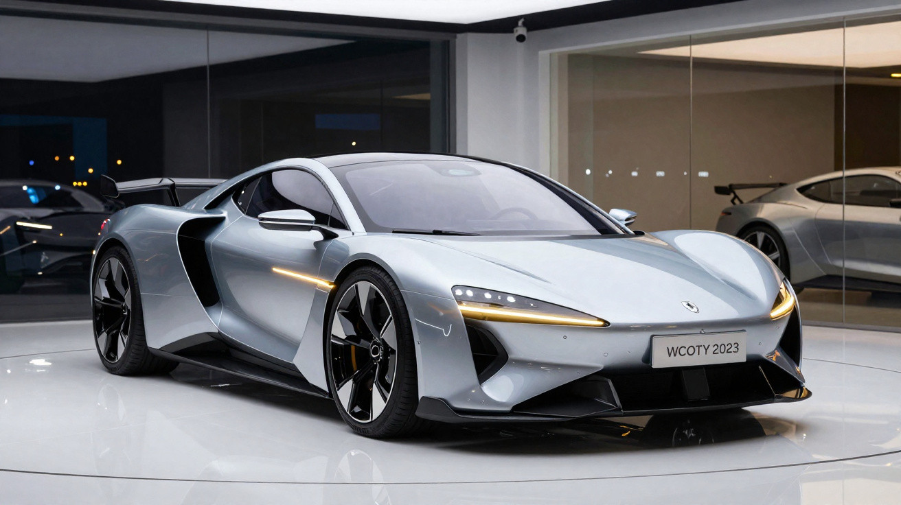 Carro esportivo prateado futurista com design aerodinâmico em showroom com piso branco e paredes espelhadas.
