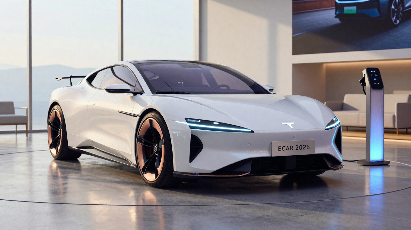 Carro esportivo elétrico branco futurista em showroom, conectado a estação de recarga azul.