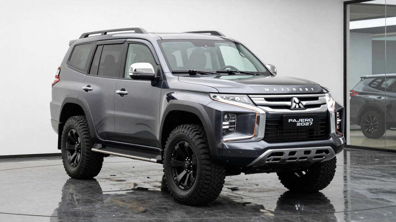 SUV Mitsubishi Pajero 2027 cinza estacionado em ambiente interno com piso refletivo.