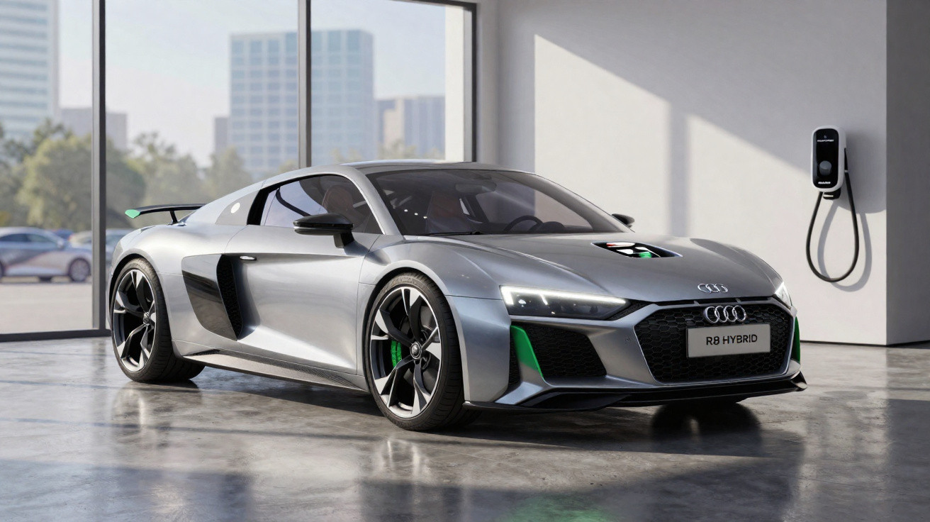 Carro esportivo Audi R8 Hybrid prata estacionado em garagem moderna com carregador elétrico na parede.