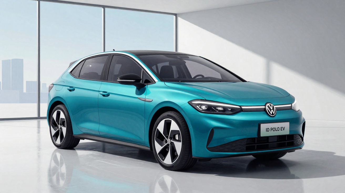 Carro elétrico Volkswagen ID Polo EV azul em ambiente interno moderno com piso branco refletivo.