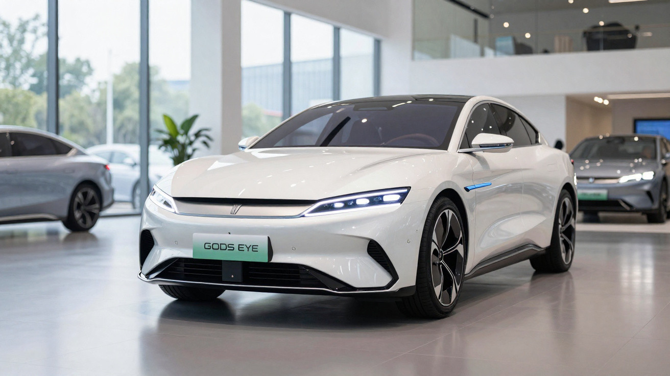 Carro elétrico branco modelo God’s Eye exibido em showroom moderno com outras unidades ao fundo.