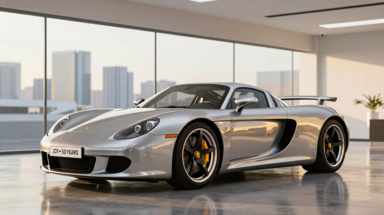 Carro esportivo prata Porsche Carrera GT em ambiente interno com janelas amplas e vista para prédios urbanos.