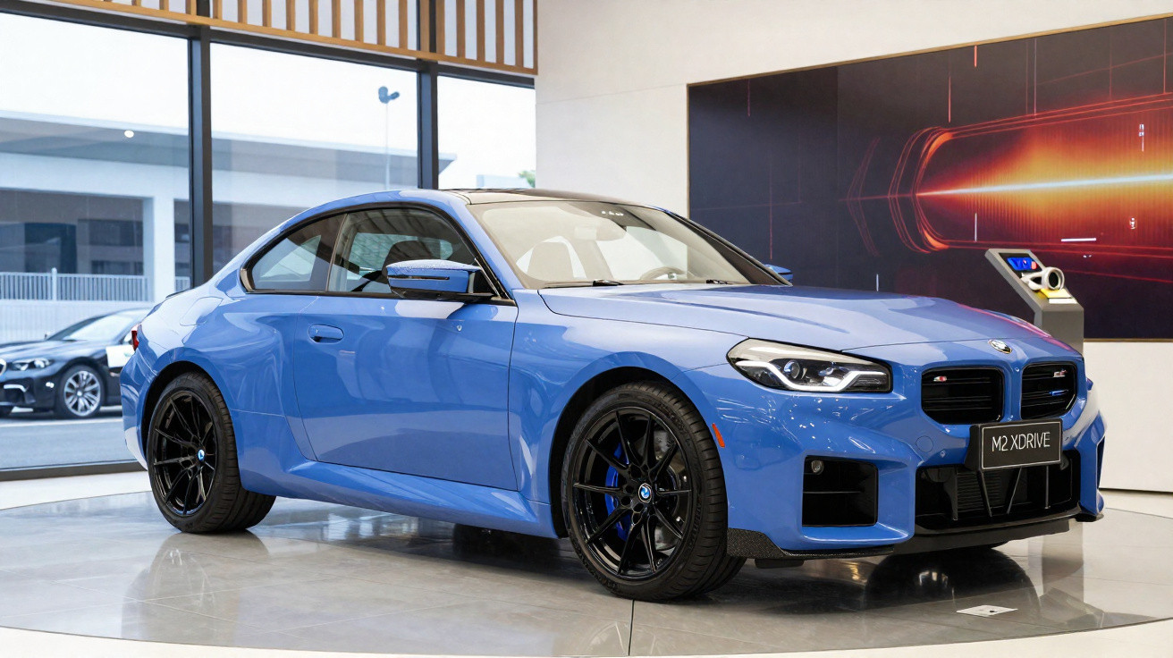 Carro esportivo azul BMW M2 XDrive exposto em showroom moderno com piso de vidro refletivo.