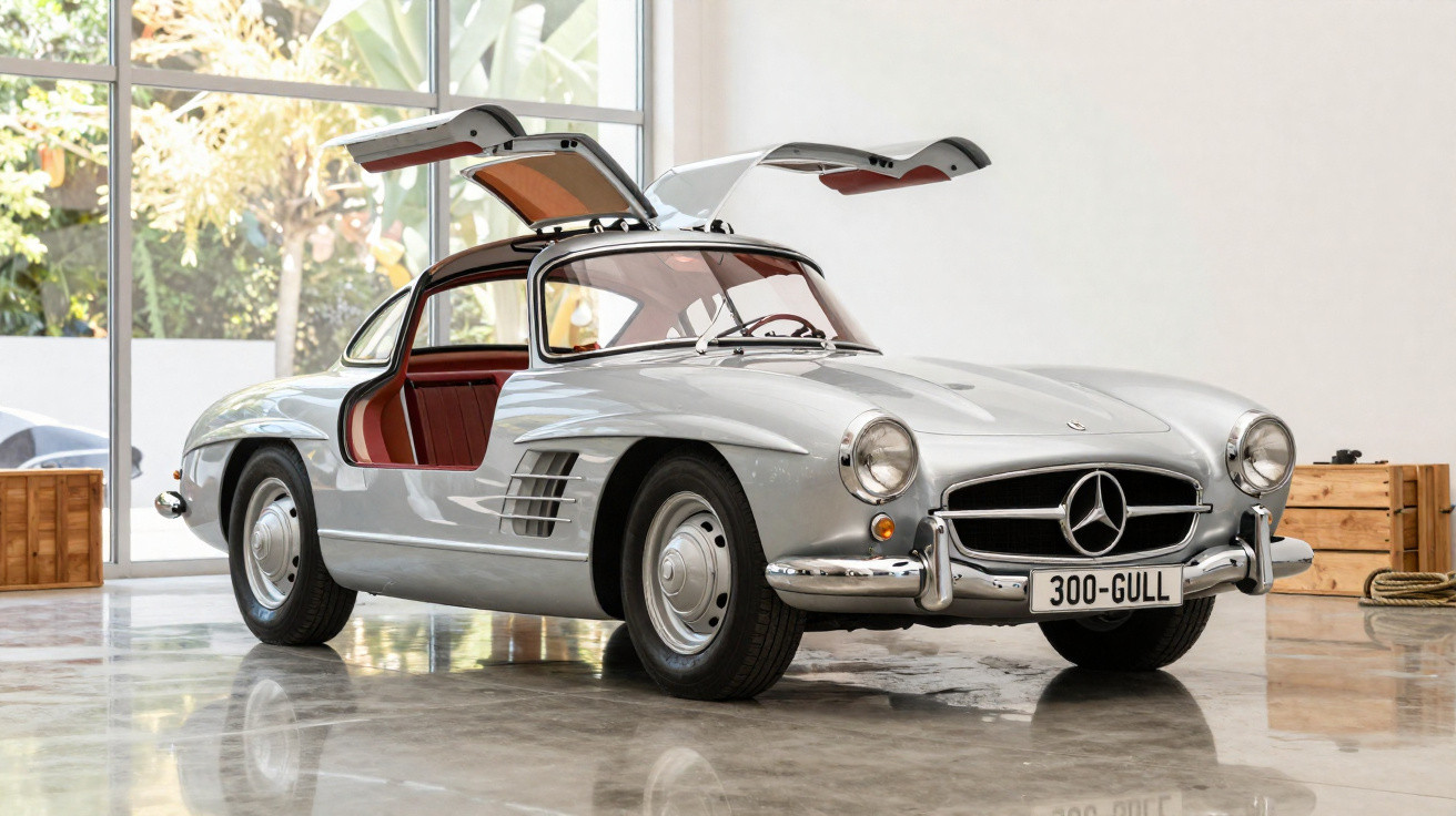 Carro clássico Mercedes-Benz 300SL prata com portas asa de gaivota abertas em ambiente interno iluminado.