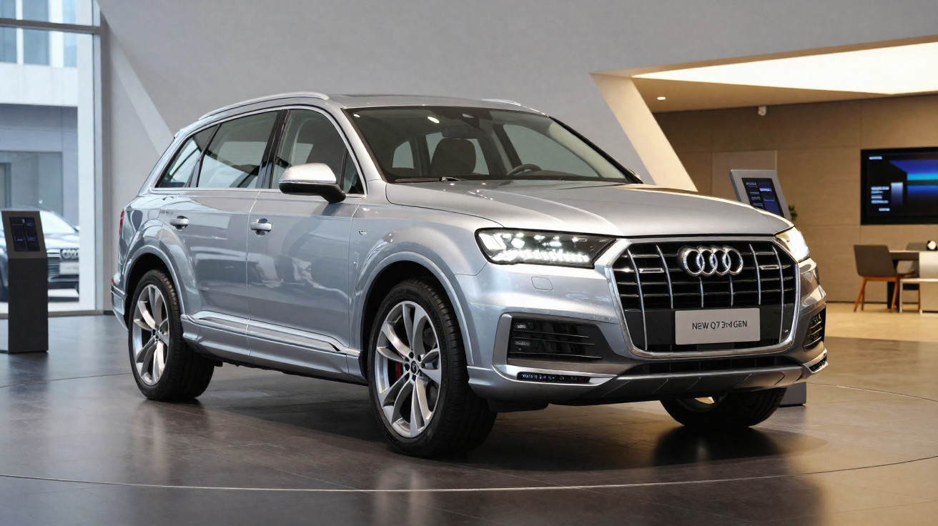 Carro SUV prata Audi Q7 novo em exposição dentro de show room moderno e iluminado.