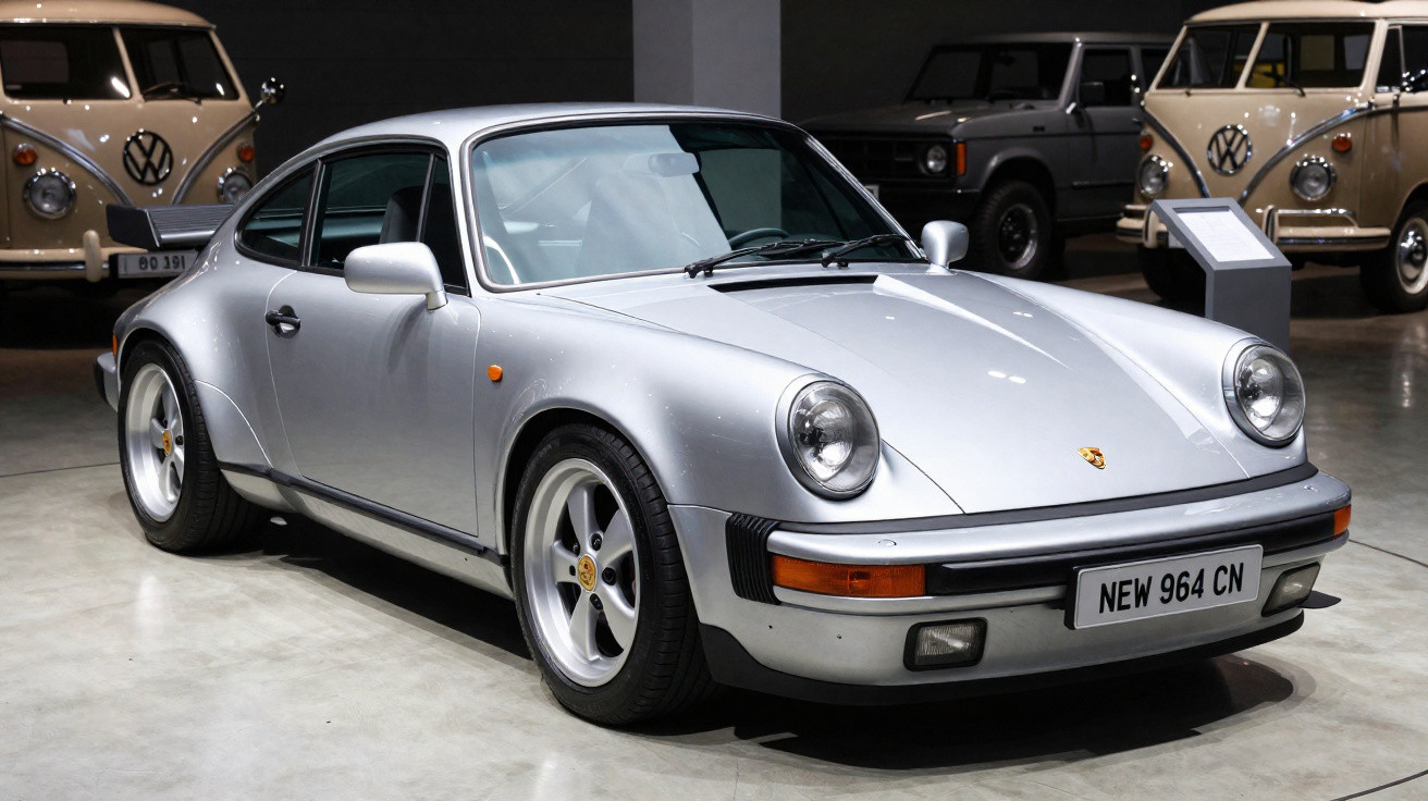 Carro esportivo Porsche 964 prata estacionado em museu com outros veículos ao fundo.