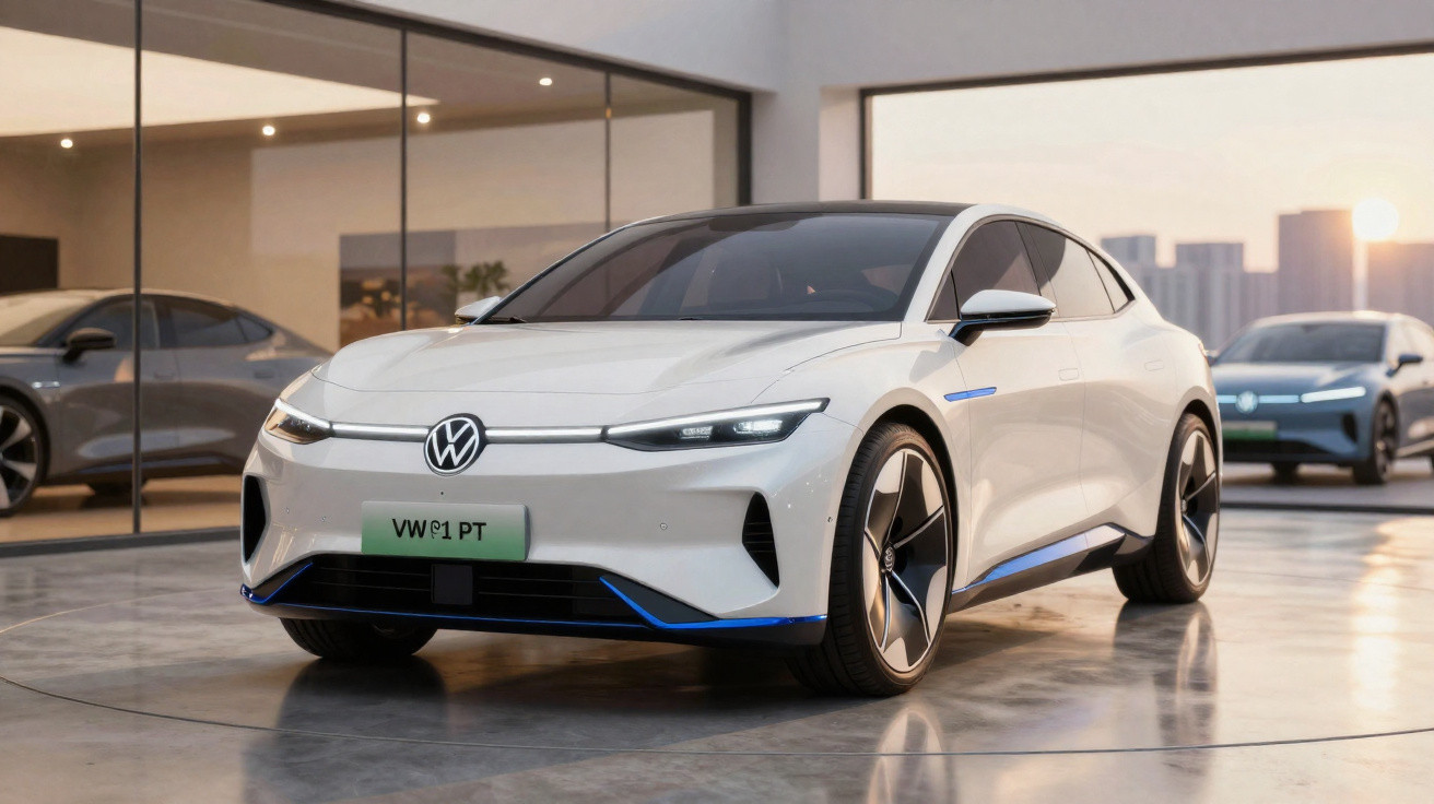 Carro elétrico Volkswagen branco estacionado em showroom moderno com outros veículos ao fundo.