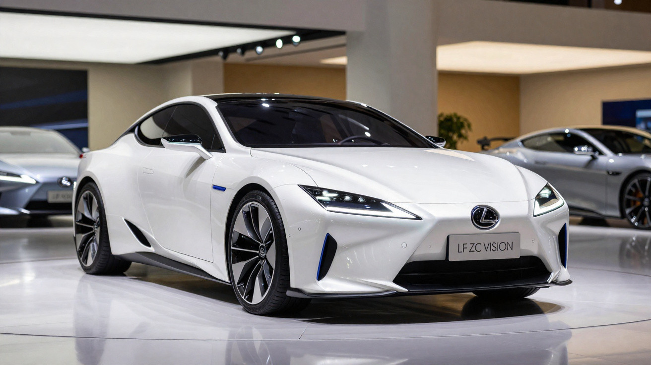 Carro esportivo branco Lexus LF-ZC Vision exibido em exposição automotiva moderna.