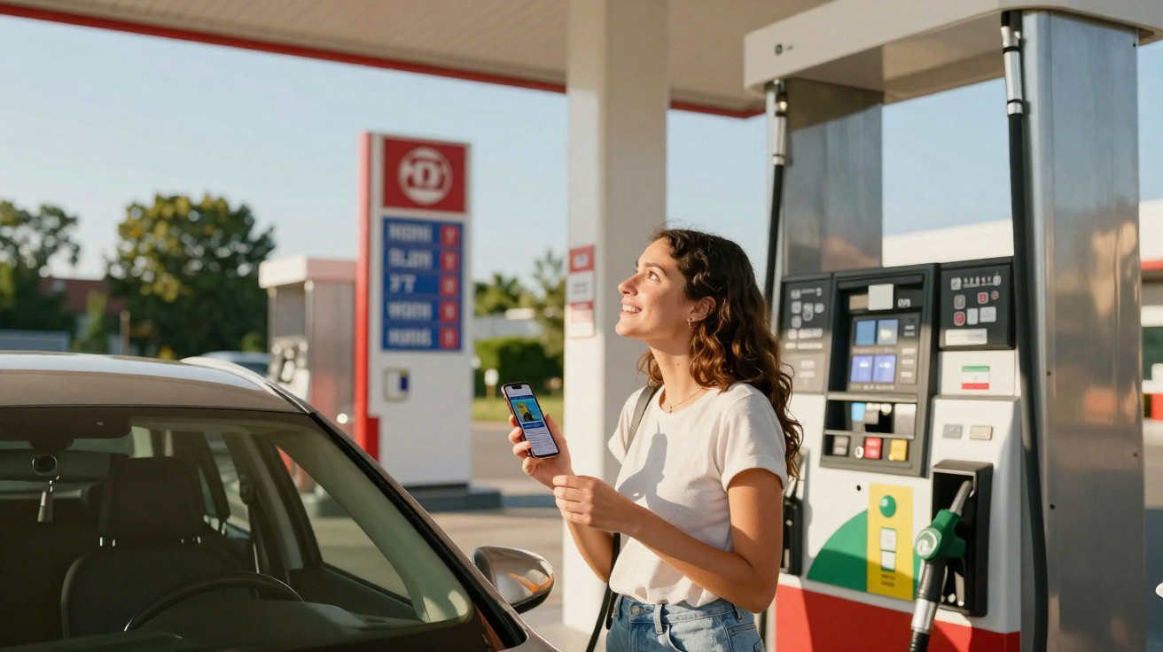 Mulher sorridente usando celular ao lado do carro em posto de combustível sob luz do dia.