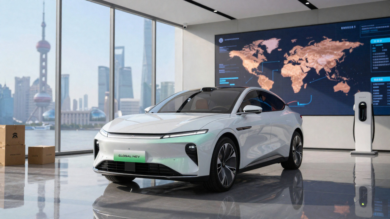 Carro elétrico branco em showroom moderno com tela digital de mapa-múndi e janela com vista para cidade.