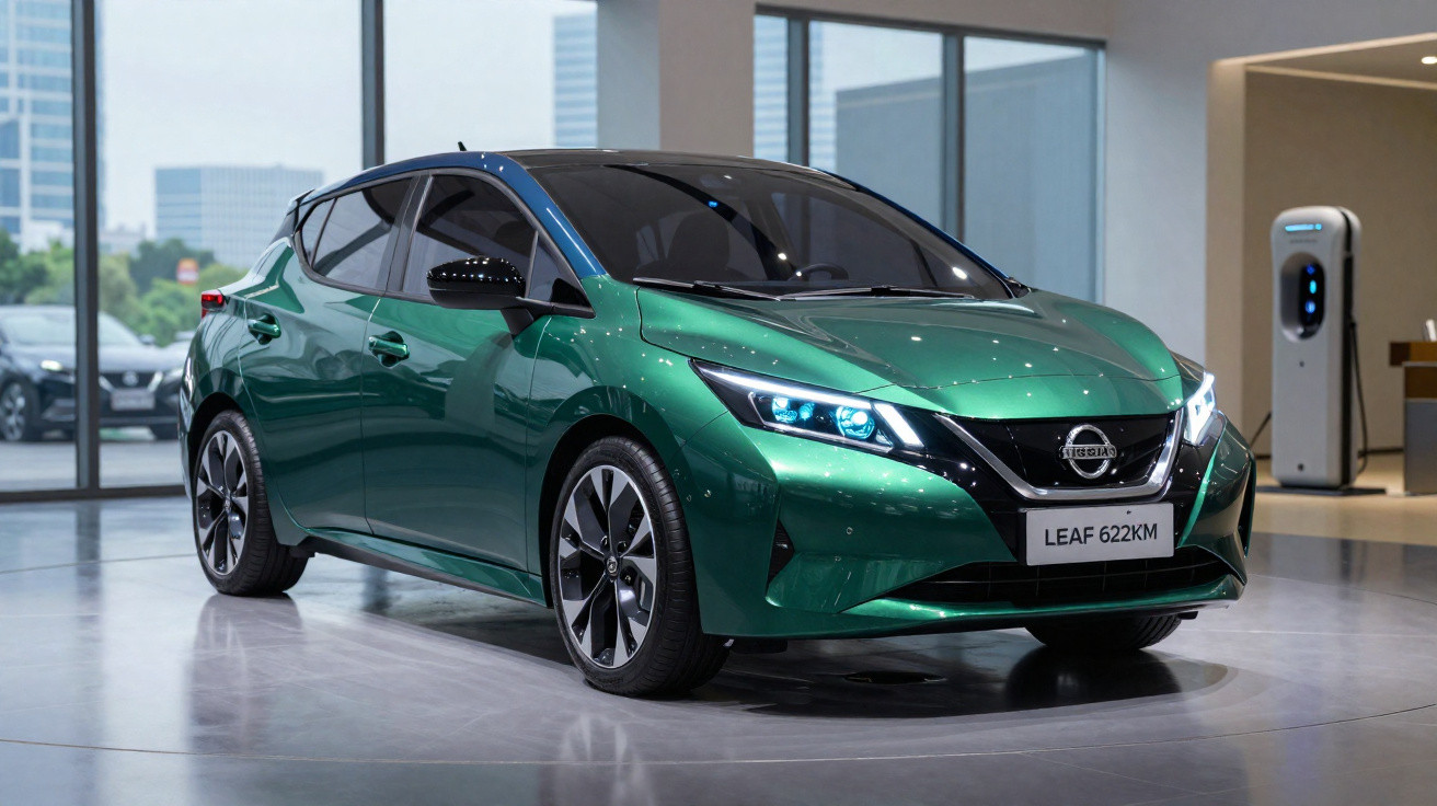 Carro elétrico Nissan Leaf verde exposto em showroom moderno com iluminação interna e carregador ao fundo.