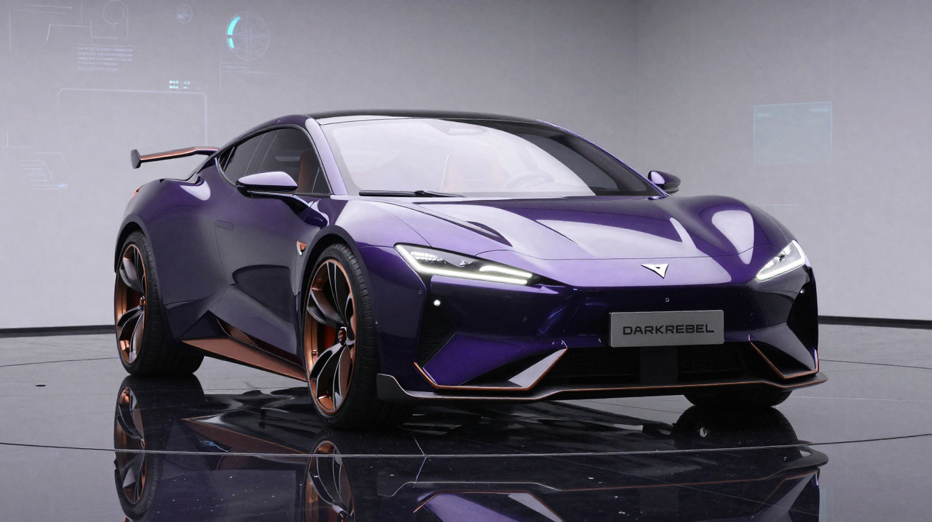 Carro esportivo elétrico Darkrebel roxo com detalhes em cobre exposto em ambiente moderno e minimalista.