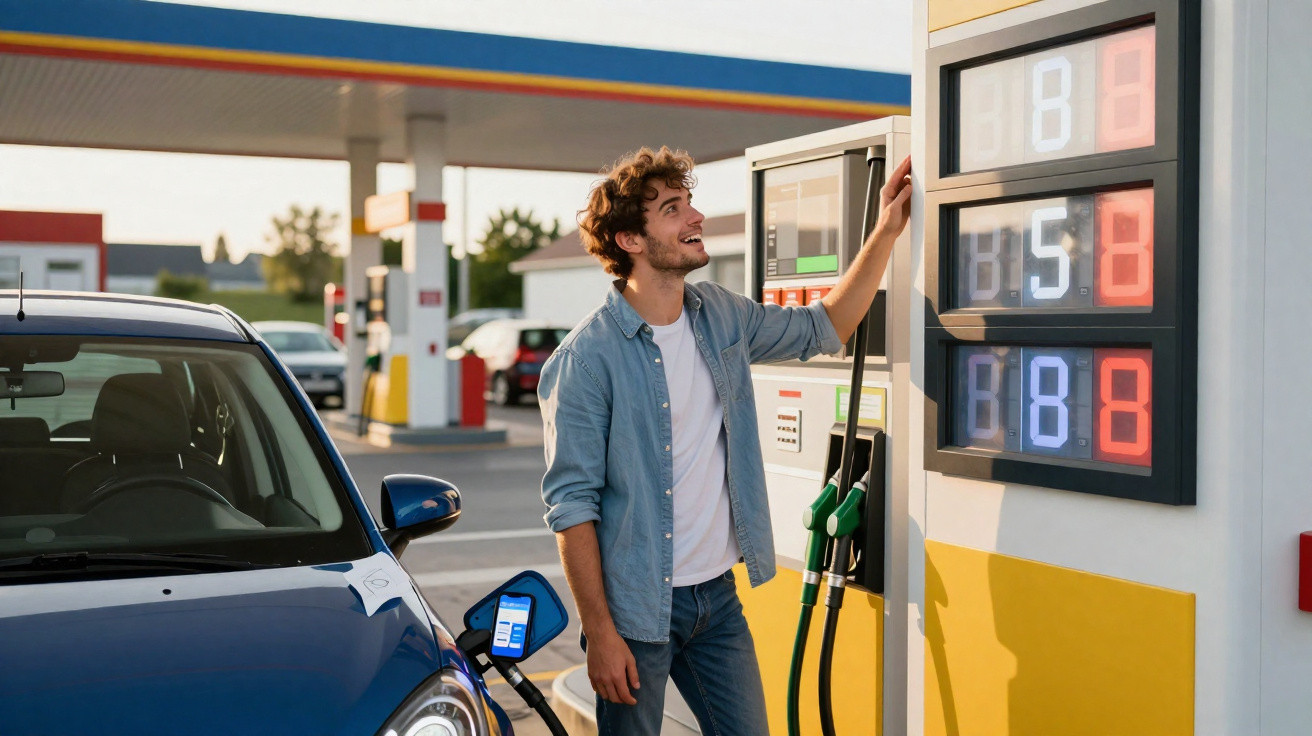 Homem sorridente abastecendo carro azul em posto de gasolina durante o dia.
