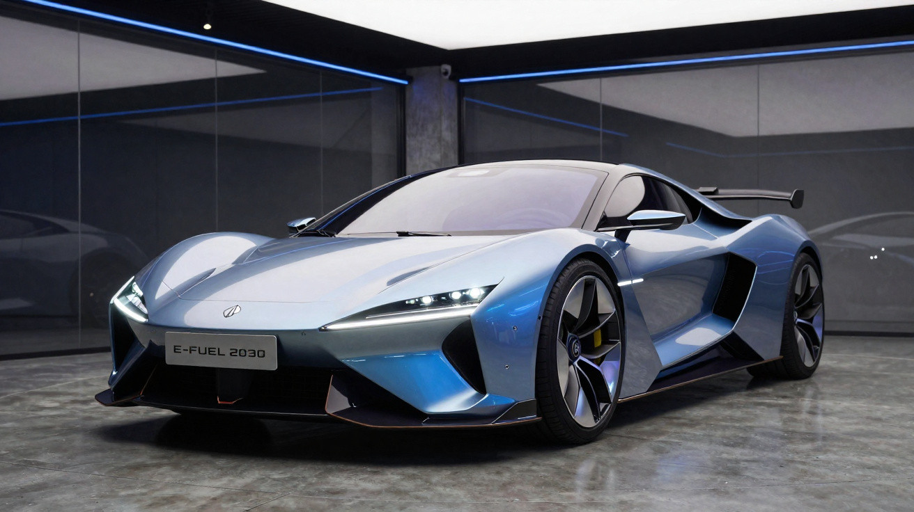 Carro esportivo elétrico azul metálico E-Fuel 2030 em garagem moderna com iluminação branca e detalhes em azul.