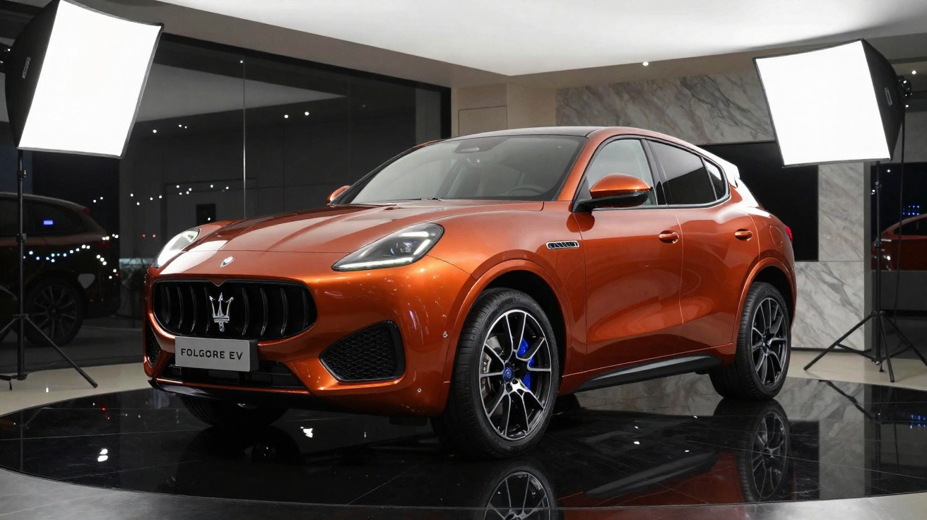 SUV Maserati Folgore EV na cor laranja exibido em estúdio com iluminação profissional.