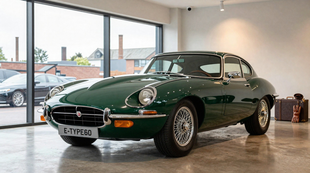 Carro esportivo clássico verde Jaguar E-Type 1960 exibido em salão com piso de concreto.