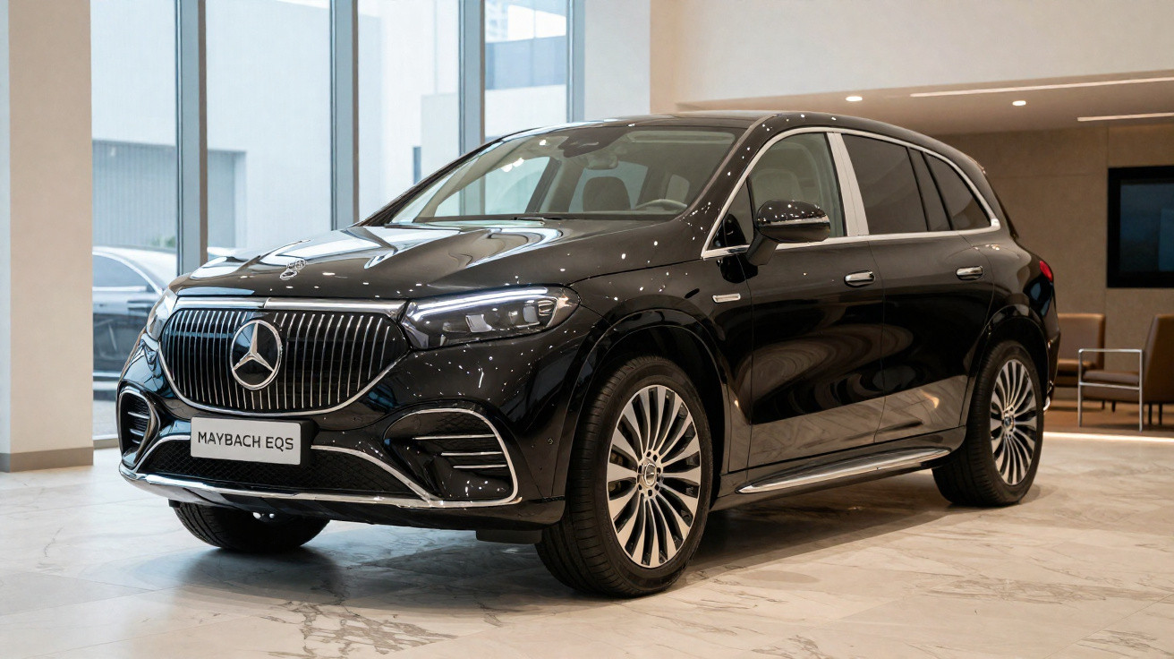 Mercedes-Maybach EQS preto em showroom moderno com interior luminoso e piso de mármore claro.
